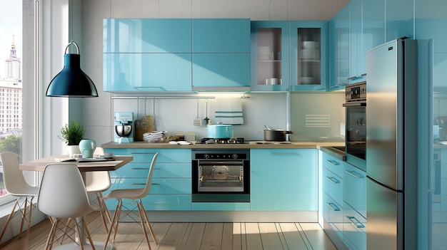 Photo of a cozy modern kitchen in warm colors and with kitchen utensils