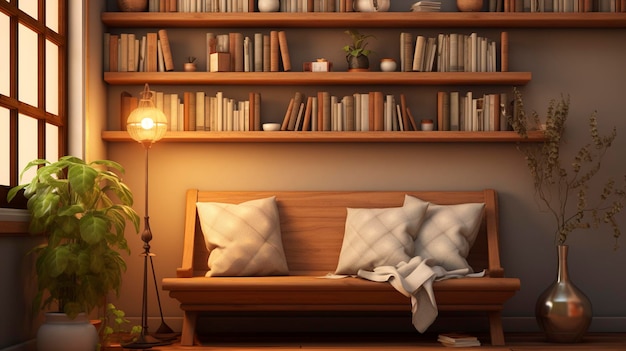 A photo of a cozy reading nook with a bookshelf