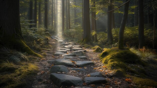 Photo of a cozy stone forest path in a sunny forest