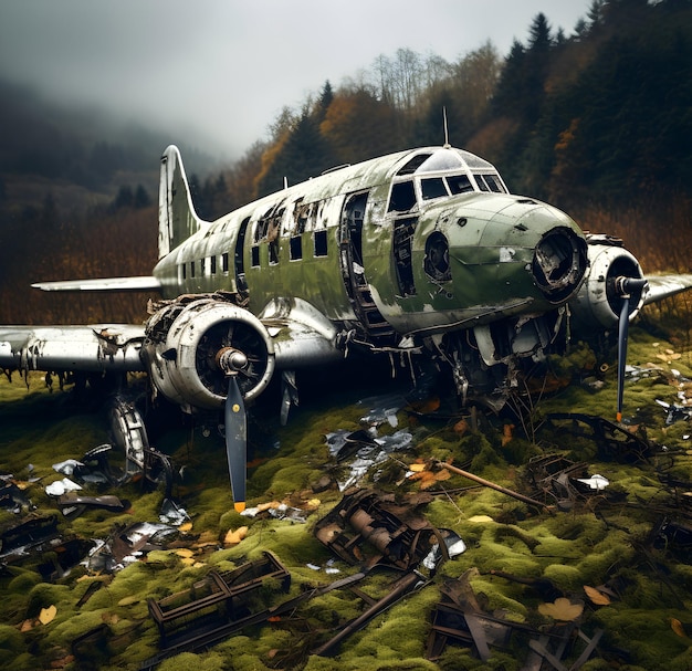 Photo Crashed aircraft amidst woods deserted airplane digitally drawn generative ai