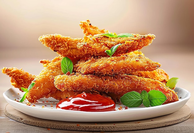 Photo of crispy fried chicken breast wings on a plate isolated white background