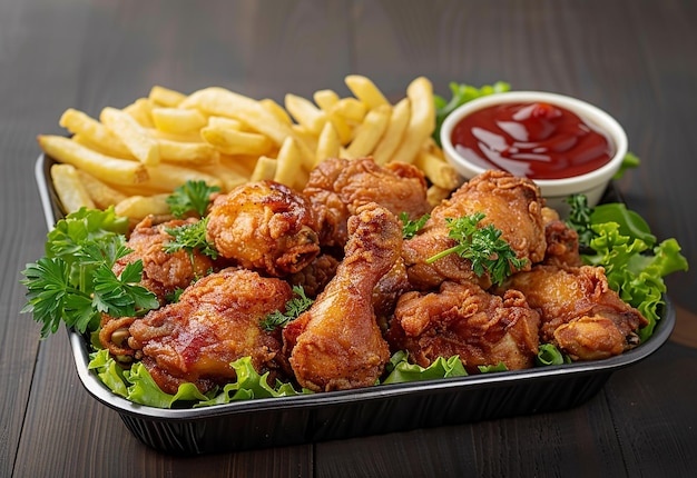 Photo of crispy fried chicken breast wings on a plate isolated white background