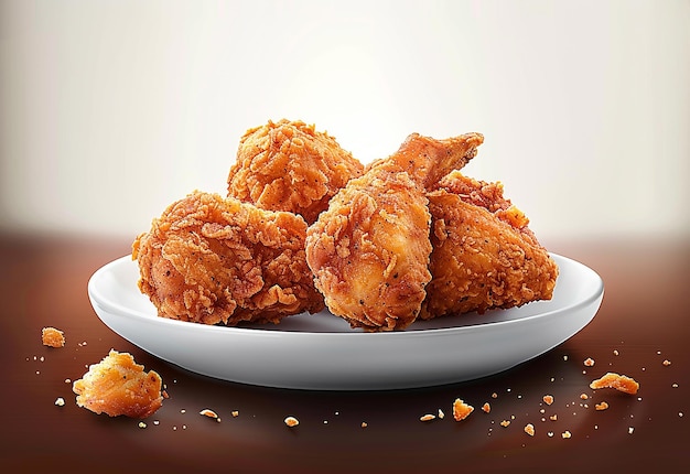 Photo of crispy fried chicken breast wings on a plate isolated white background