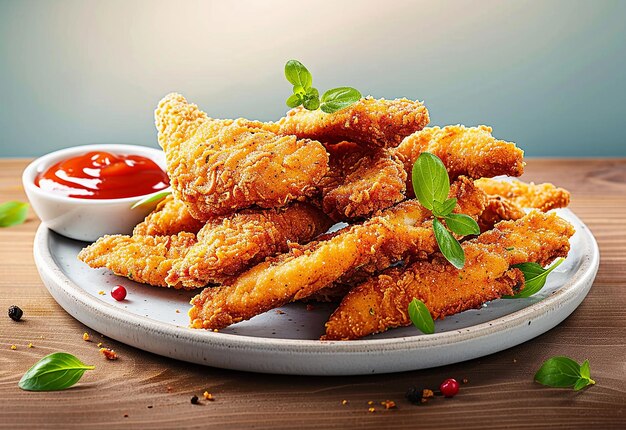 Photo of crispy fried chicken breast wings on a plate isolated white background