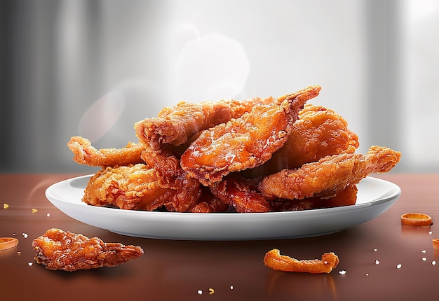 Photo of crispy fried chicken breast wings on a plate isolated white background