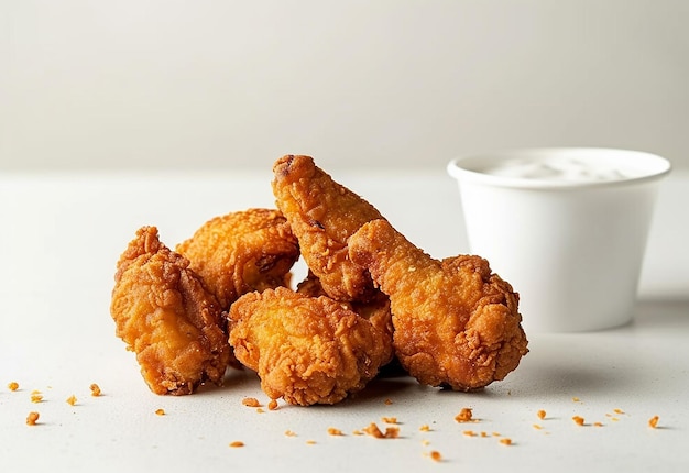 Photo of crispy fried chicken breast wings on a plate isolated white background