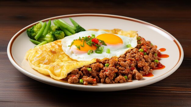 Photo of Crispy omelet on topped with minced pork beef and mixed vegetables rice