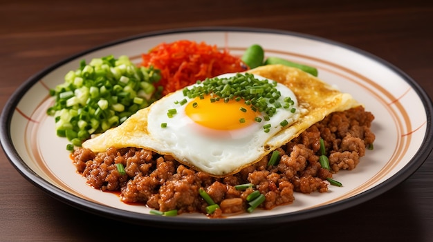 Photo of Crispy omelet on topped with minced pork beef and mixed vegetables rice