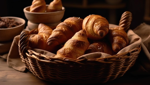 Photo of croissants in a basket Generative AI