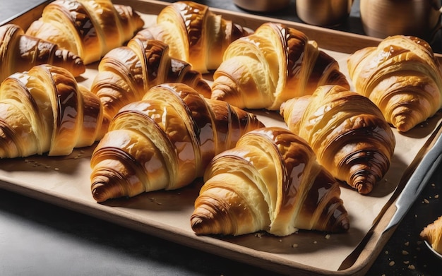 Photo croissants on a tray fresh from the oven