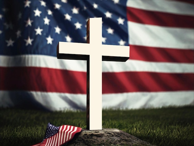 photo of a cross and usa flag for memorial day celebration