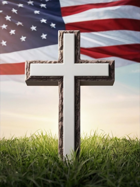 photo of a cross and usa flag for memorial day celebration