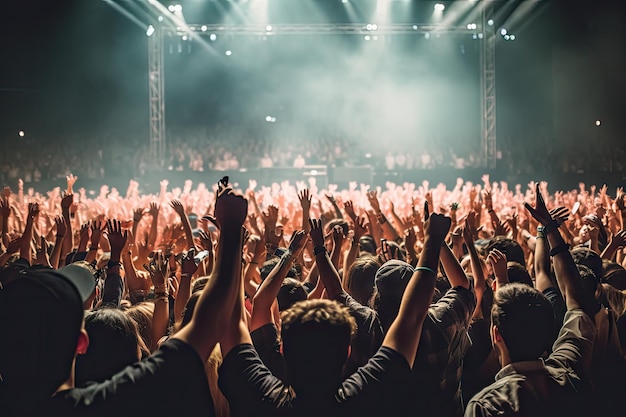 photo of crowd with hands up in air at outdoor music concert with lights and band on stage