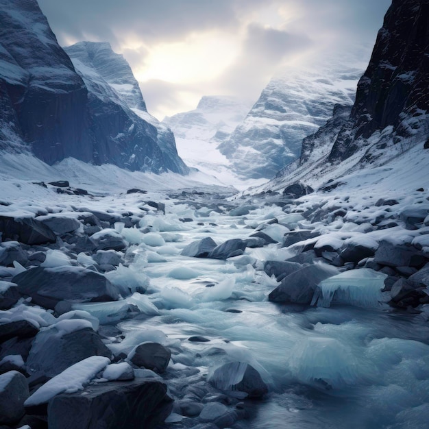 Photo of a crystal icy mountain river