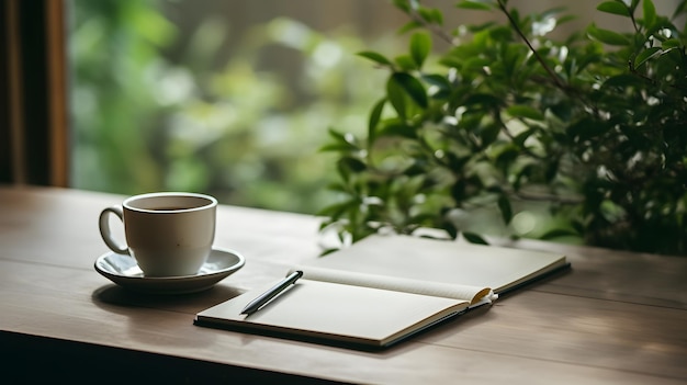 Photo of a cup of coffee and a notebook on a table