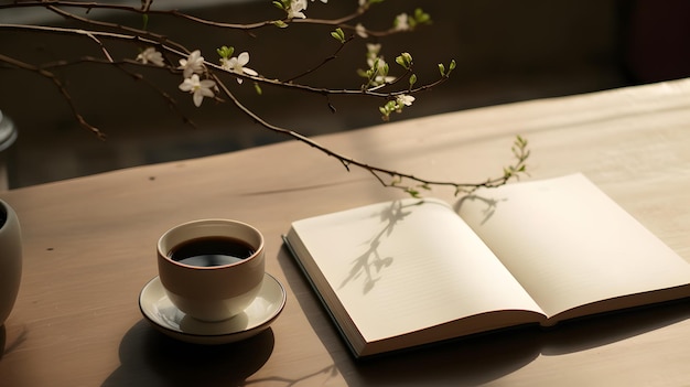 Photo of a cup of coffee and an open book on a table