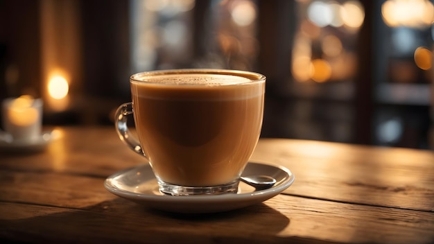 photo of a cup coffee on wooden table cafe background