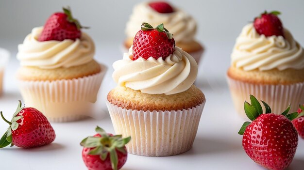 A photo of cupcakes decorated with buttercream and fresh strawberries White plain background