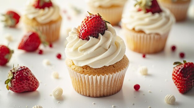 A photo of cupcakes decorated with buttercream and fresh strawberries White plain background