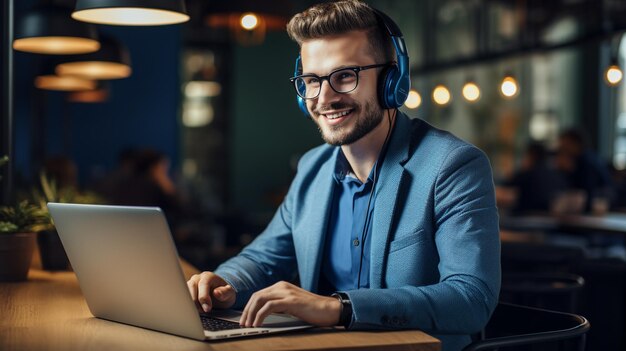 photo customer service handsome young guy in office suit with laptop generated by AI