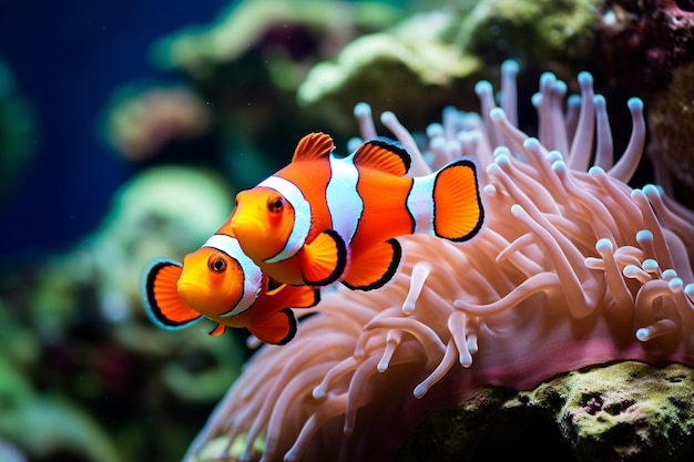 photo cute anemone fish playing on the coral reef beautiful color clownfish on coral feefs