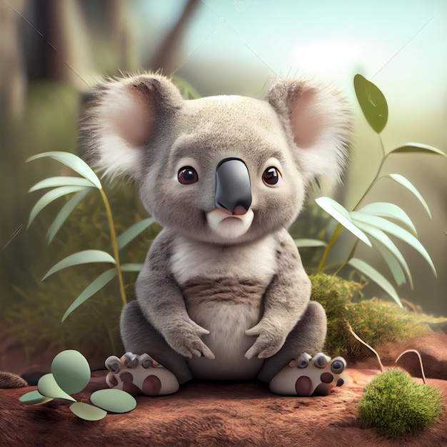 Photo cute baby koala in natural habitat Australian animal 3d rendering cartoon illustration