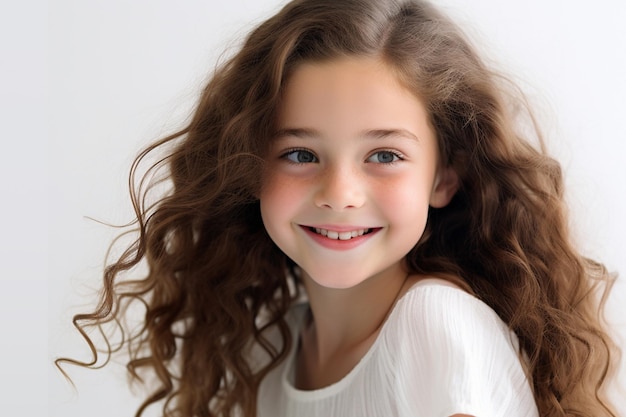 photo of cute baby with curly brown hair smiling on white background