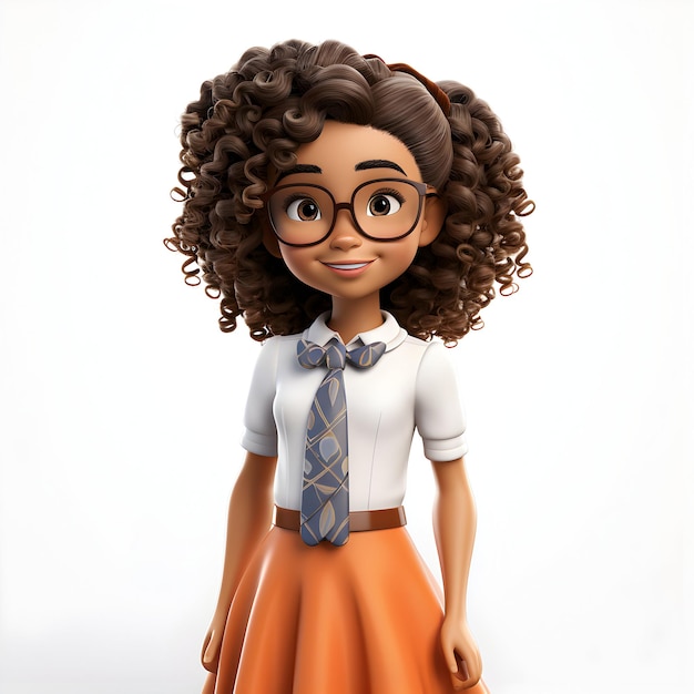 Photo cute cartoon girl student character with school uniform on white Generative AI