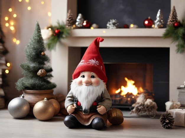 Photo cute christmas gnome and festive decor on fireplace at home