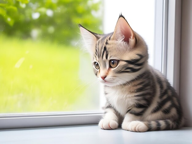 Photo cute domestic kitten sits at the window staring outside generative ai