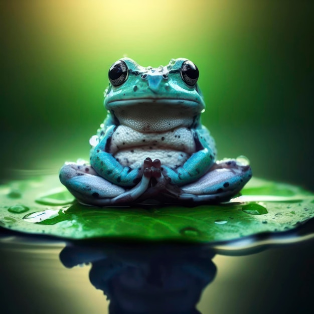 Photo of a Cute Frog Meditating on water leaf ai generative