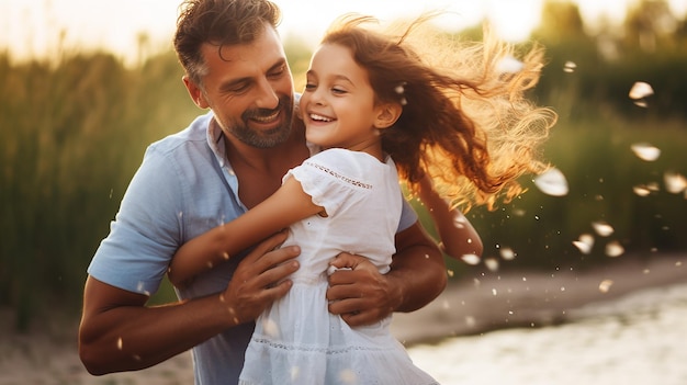 Photo of cute girl hugging her father cute smile happy father and daughter