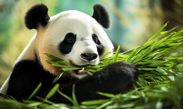 Photo cute hungry panda bear eating bamboo