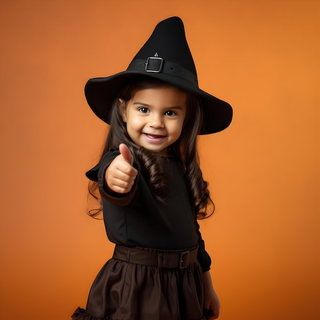 Photo Cute little girl dressed as witch for Halloween on color background generative ai