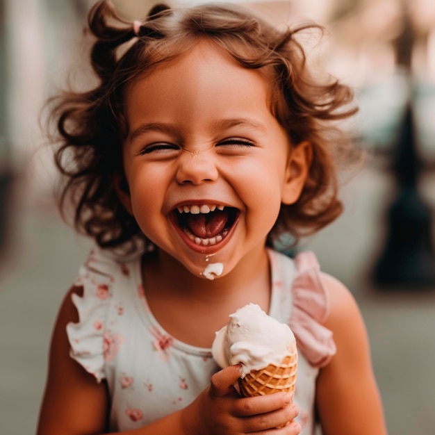 Photo of a cute little girl laughing and eating ice cream AI generated World Laughter Day