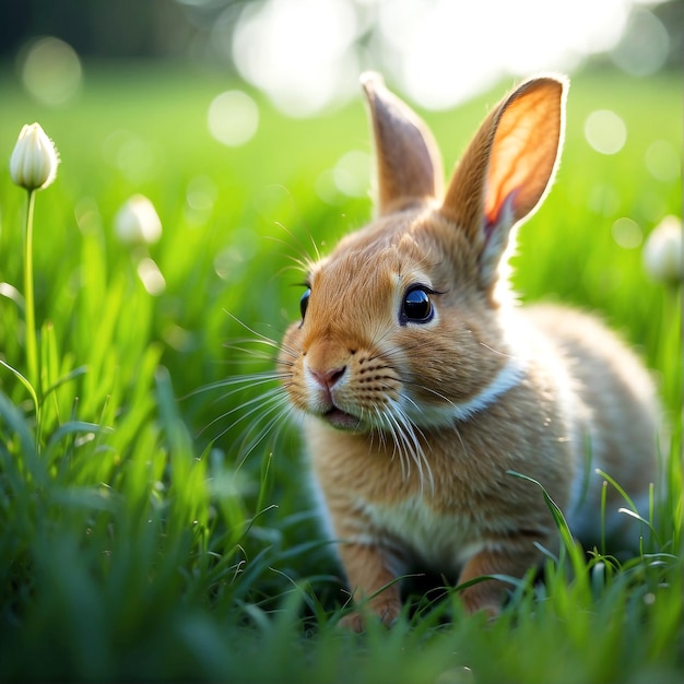 Photo a cute little rabbit with a green grass field AI GENERATED