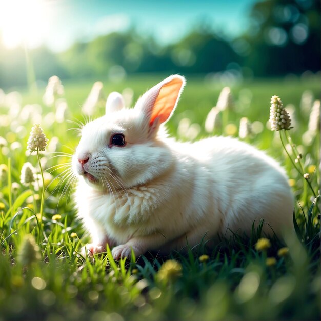 Photo a cute little rabbit with a green grass field AI GENERATED