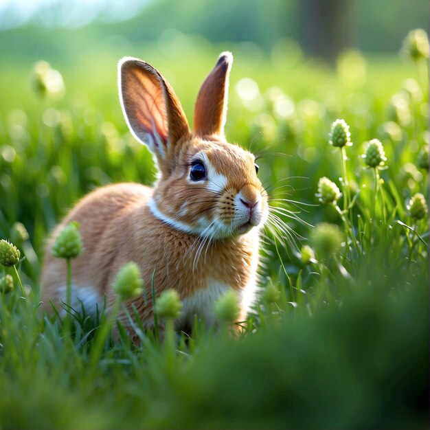 Photo a cute little rabbit with a green grass field AI GENERATED