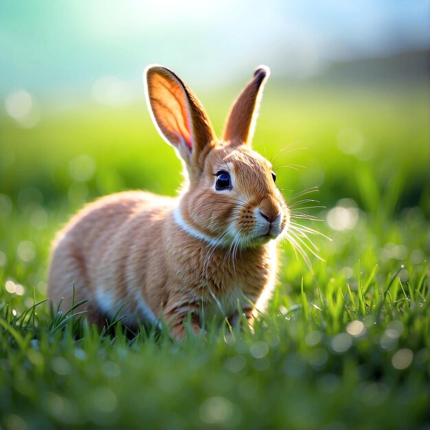 Photo a cute little rabbit with a green grass field AI GENERATED