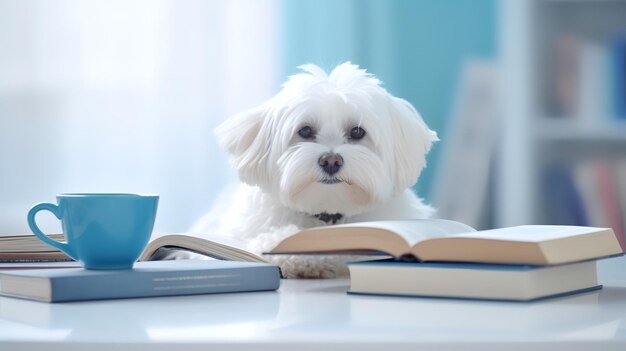 Photo of cute Maltese sitting in the study with cups and stacks of books