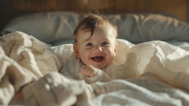 Photo of a Cute newborn boy in a white cloth lying in a bed in a bright bedroom baby under blanket