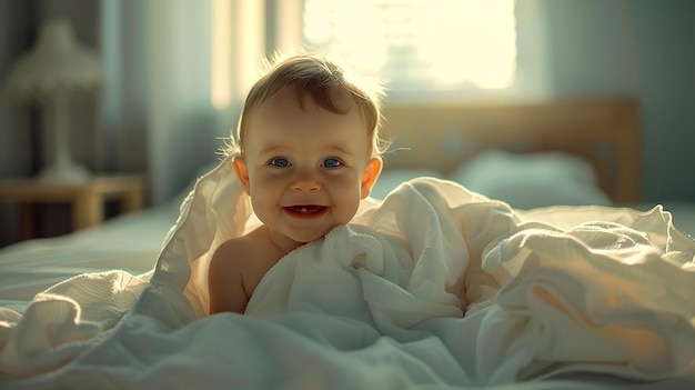 Photo of a Cute newborn boy in a white cloth lying in a bed in a bright bedroom baby under blanket