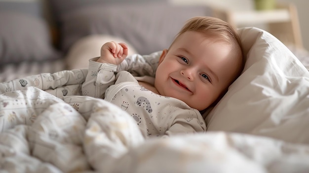 Photo of a Cute newborn boy in a white cloth lying in a bed in a bright bedroom baby under blanket