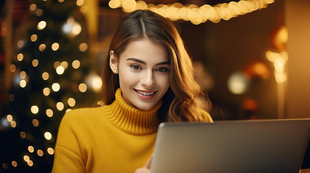 Photo of cute nice charming attractive girl woring in eve of new year with her laptop