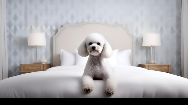 Photo of cute Poodle is lying on bed in hotel room with contemporary interior