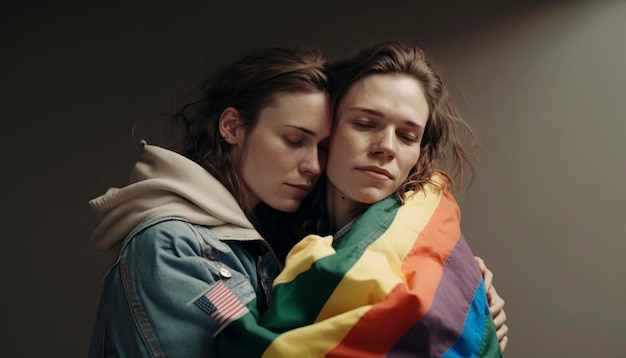 Photo of cute pretty lesbians couple ladies celebrate parade show tolerance same sex marriages hugging hold gay rainbow flag ai generative