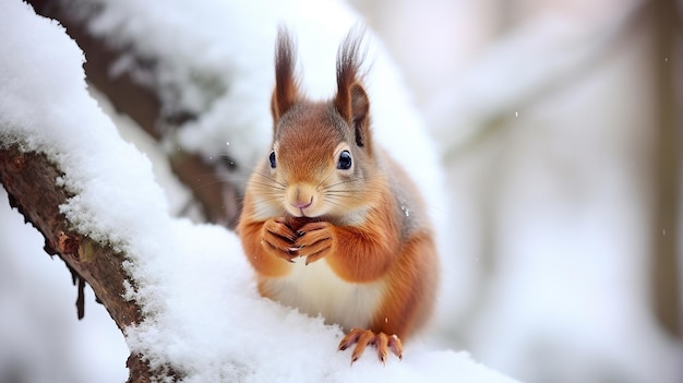 Photo cute red squirrel eats a nut in the winter