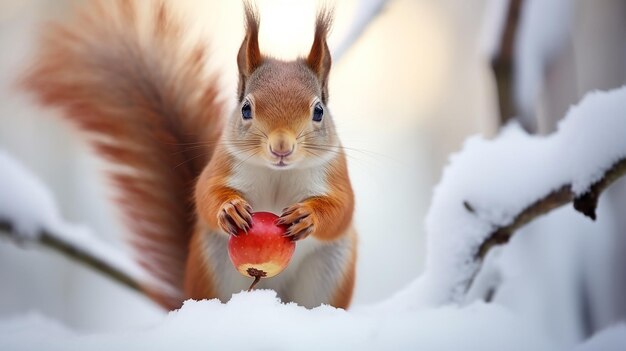 Photo cute red squirrel eats a nut in the winter