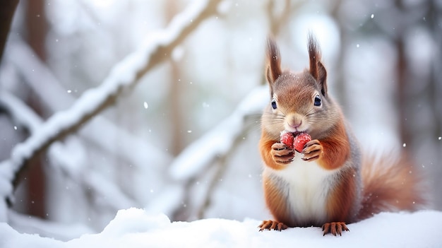 Photo cute red squirrel eats a nut in the winter