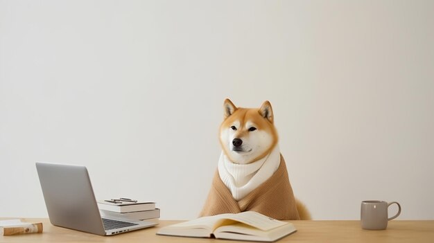 Photo of cute Shiba inu in a clothes sitting in the study with cups and stacks of books